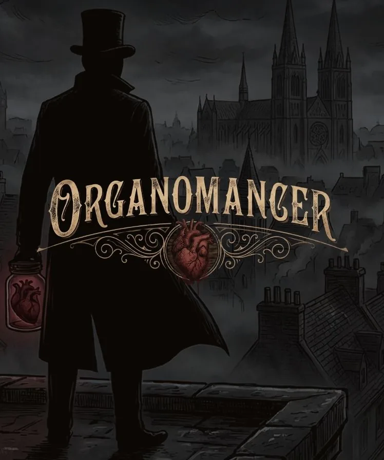 Organomancer key art: a cloaked figure in a top hat carrying a jar with a heart, overlooking the foggy rooftops of Arkwright