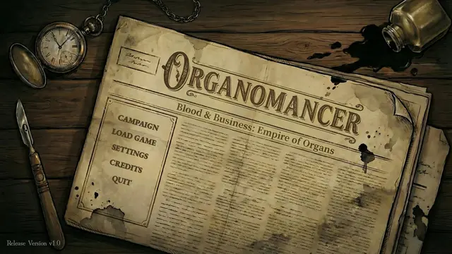The main menu, styled as an old Arkwright newspaper